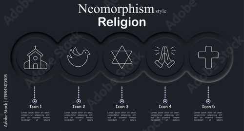 Religion set icon. Neomorphic dark interface circles with line symbols of church building, dove bird, star of david, praying hands, christian cross