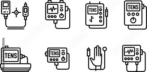 TENS unit icons with electrodes and devices for pain relief and physical therapy treatment  various electronic medical equipment