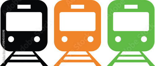 Three colored trams on parallel tracks in a simplified illustration