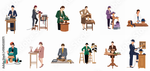 A series of illustrations depicting professional milliners in elegant attire crafting diverse hats using traditional tools and techniques in a workshop setting.