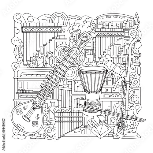 Collection of diverse musical instruments from around the world.