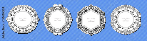 Hand drawn photo holder vintage kid frame. Mirror antique ornamental borders. Black outline picture collection in vector retro decorative style. 