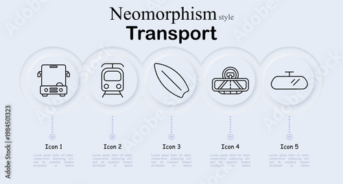 Transport set icon. Bus vehicle, tram train, surfboard water sport, rearview mirror driving, subway wagon, urban mobility, travel movement, public transportation system