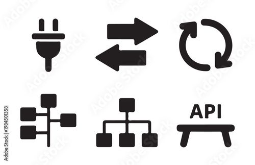 Technology infrastructure icons including api interface hierarchical data structure and electricity power plug.