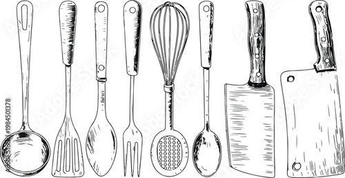 Minimalist black and white line art kitchen utensil set featuring eight cooking tools arranged in horizontal row isolated on white