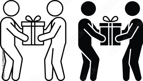 Two pairs of people exchanging gifts in contrasting styles