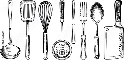 Minimalist black and white line art kitchen utensil set featuring eight cooking tools arranged in horizontal row isolated on white