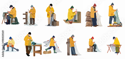 Collection of various fishermen illustrations in yellow raincoats mending nets and preparing equipment, isolated on white for nautical design.