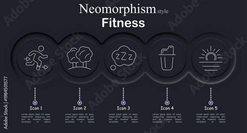 Fitness healthy lifestyle set icon. Running exercise, outdoor park nature, sleep rest recovery, protein shaker nutrition, sunrise morning routine, wellness activity concept