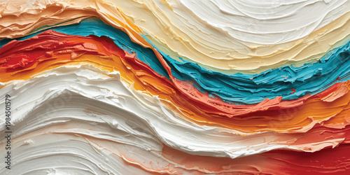 Delicious stack of homemade pancakes with butter and syrup on a white plate isolated against an abstract colorful stone texture background