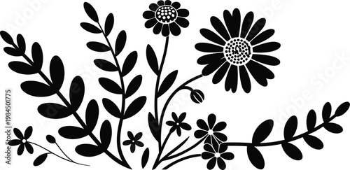 Decorative Black Floral Silhouette with Wildflowers and Leafy Branches on a White Background

Minimalist Botanical Composition Featuring Stylized Daisies and Organic Leaf Patterns