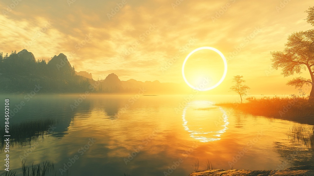 Fototapeta premium Sun circle glows over lake in nature for fantasy or nature themed design