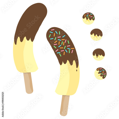 Bananas dipped in chocolate on sticks with small chocolate sweets. Sweet dessert isolated on light background, representing snack, homemade treat, and simple fruit dessert concept.