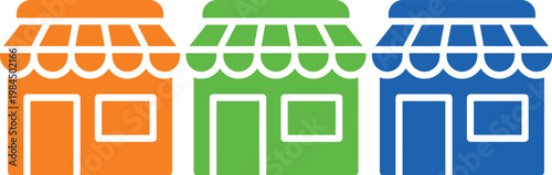 Three colorful storefronts with scalloped awnings and distinct color schemes