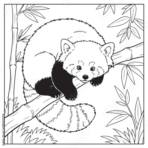 Cute red panda climbing bamboo tree branch coloring page for children.