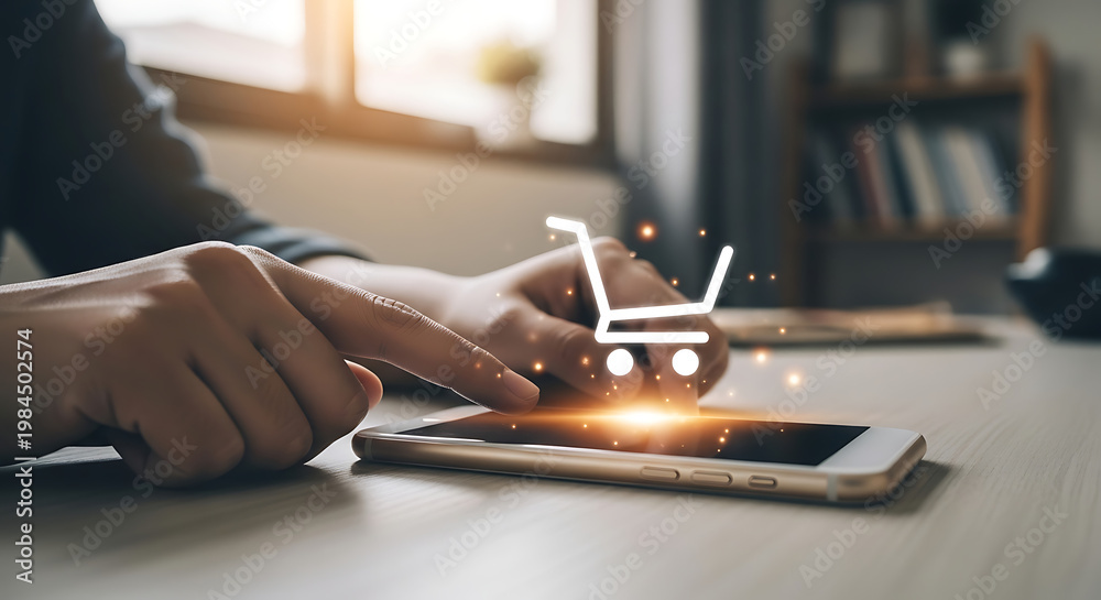 Obraz premium Online shopping concept, person using smartphone with shopping cart icon