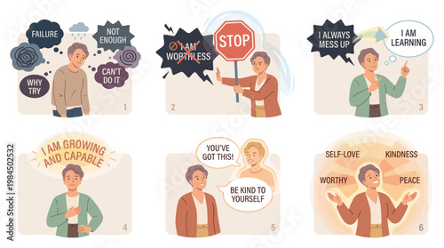 Mental health illustrations promote wellness, coping, and stress relief strategies