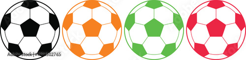 Four soccer balls with different color patterns and panel configurations