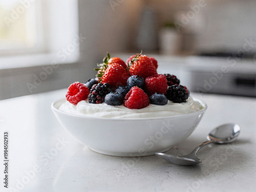 Photos Fresh Berry Medley on Yogurt, Healthy Breakfast Snack or Dessert Food