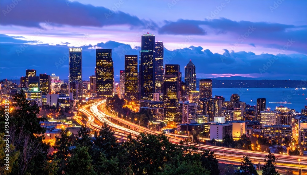 Fototapeta premium Illuminated skyline at dusk, with long exposure car lights streaking below