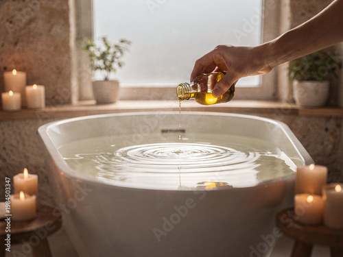 Canvas Print Relaxing Spa Retreat: Hand Pour Oil into Bathtub for Serene Bath Experience
