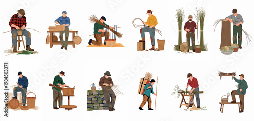 Set of illustrations showing craftsmen engaged in the traditional process of willow basket weaving, from harvesting branches to creating handmade wicker products.