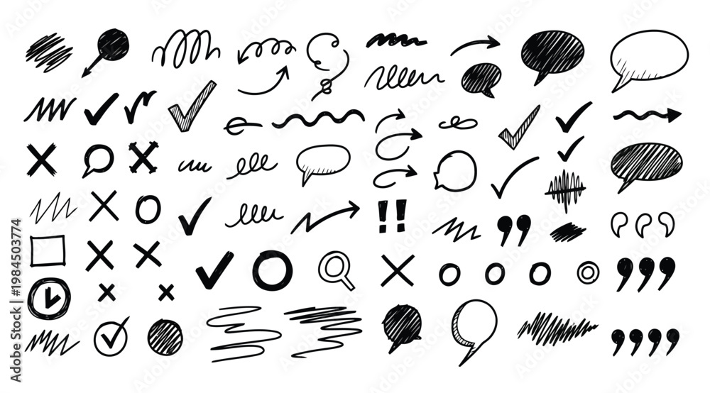 Obraz premium Set of handdrawn doodle elements, arrows, speech bubbles, check marks, crosses, and scribbles