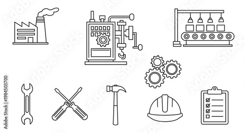Industrial icons set factory machinery tools and equipment line art.