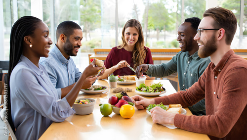 Diverse group of friends enjoying a meal together at a restaurant table
