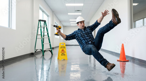 Construction worker slips and falls on a wet floor while holding a drill