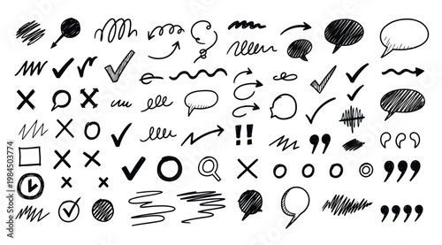 Set of handdrawn doodle elements, arrows, speech bubbles, check marks, crosses, and scribbles