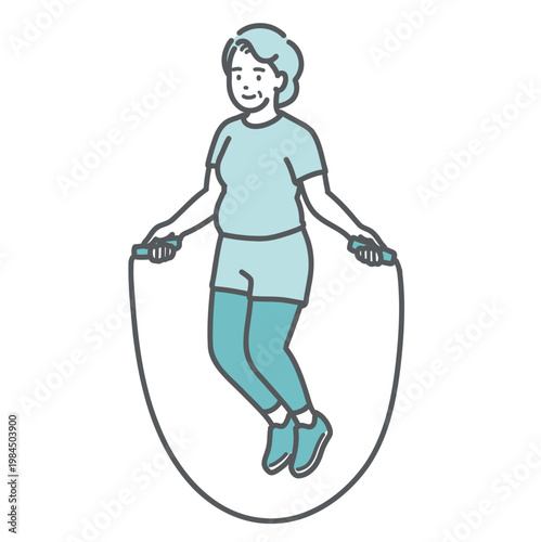 笑顔で縄跳びをしているぽっちゃり体型のシニア女性のイラスト