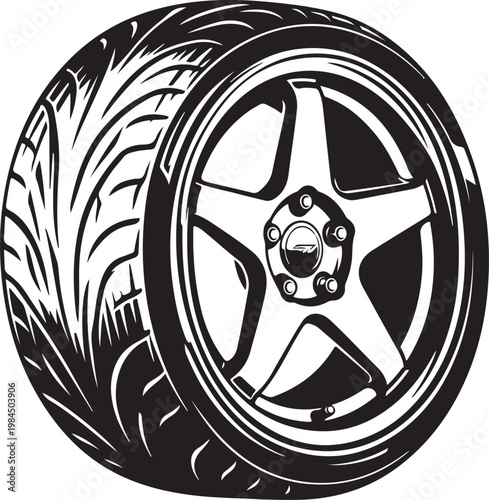 Minimalist Vector Silhouette of Performance Car Wheel and Five Spoke Rim.