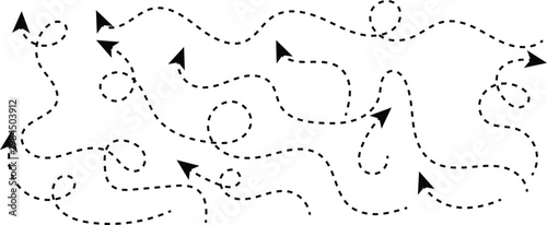 Set of squiggle line dashed arrows. abstract looped arrow curve silhouette vector.  hand drawn wavy dashed direction path. Large collection of hand drawn curve dotted lines. loop dynamic direction mov