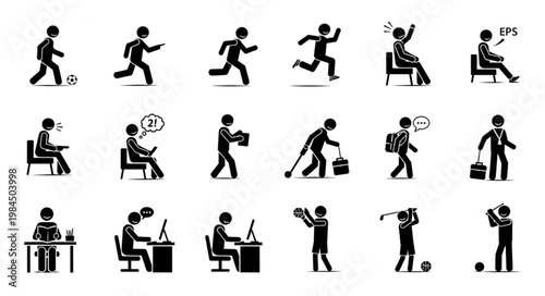 Collection of Stick Figure Icons Representing Various Human Activities and Emotions.