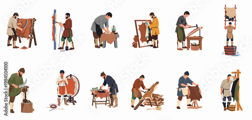 Collection of illustrations showing the historical process of leather tanning and production by medieval craftsmen.