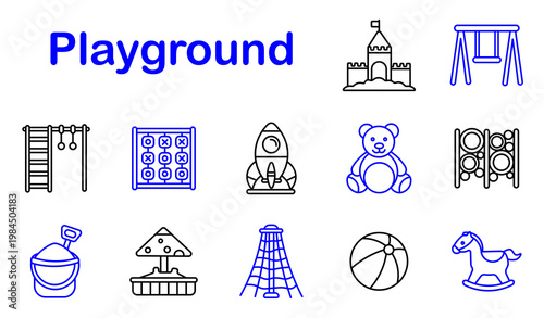 Playground set icon. Castle, swing, ladder, game, rocket, teddy, sandbox, carousel, climbing, ball, horse, slide, play, childhood, park, activity, fun, kids, outdoor, entertainment