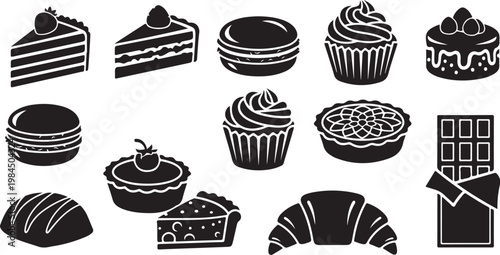 Black and white bakery icons and desserts collection