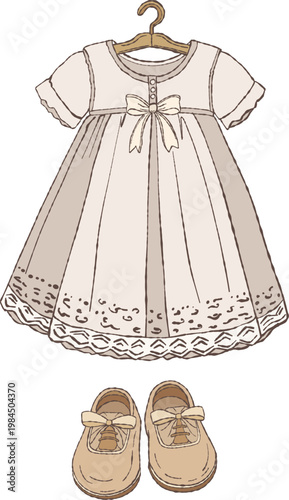 Vintage baby baptism outfit illustration. Hand-drawn set of girl shoes and dress in soft boho