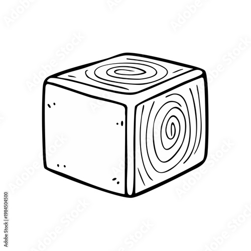 Simple Outline Drawing of a Cube with Wood Grain Texture and Knots