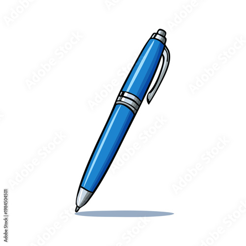 Blue Ballpoint Pen Writing Tool with Silver Accents Isolated on White