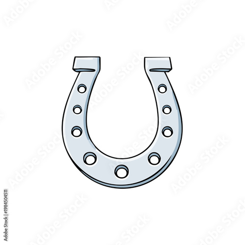 Cartoon illustration of a silver horseshoe with nail holes, symbolizing luck and equestrianism