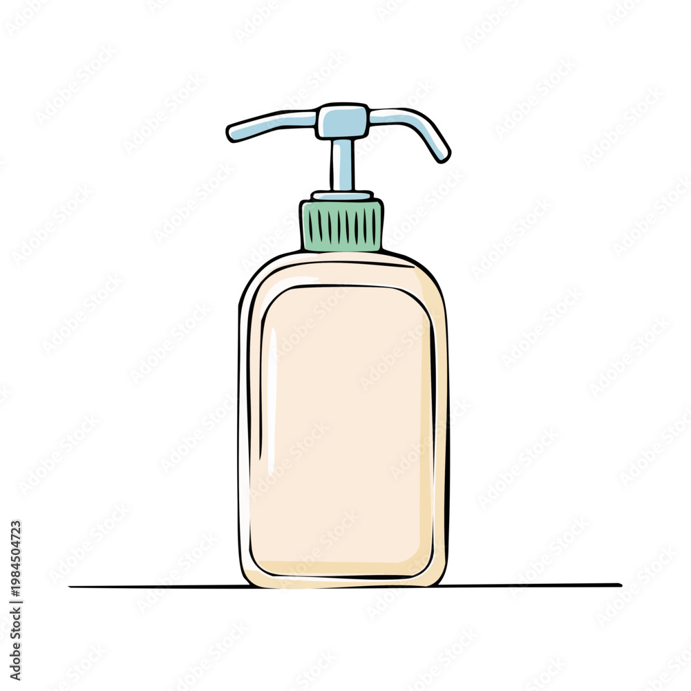 Obraz premium Hand drawn cartoon bottle with pump dispenser for liquid soap, lotion, or sanitizer