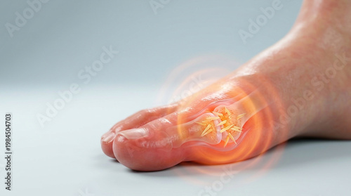 Gout attack in foot with painful swollen joint and inflammation on toe