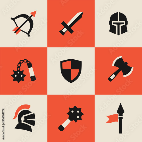 Collection of medieval weapon and armor icons on a grid background. Vector