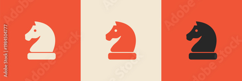 Three stylized chess knights in white, orange, and black on contrasting backgrounds. Vector