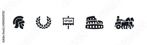 Collection of ancient Roman symbols including helmet, laurel wreath, SPQR banner, Colosseum, and chariot. Vector