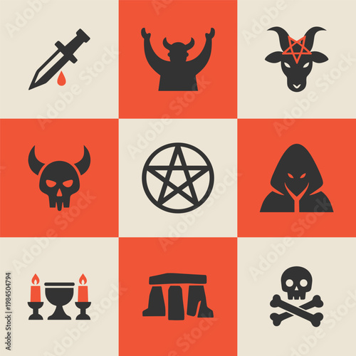 Collection of occult and dark ritual symbols in a grid layout. Vector