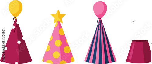 Party hats set with balloons stars and colorful patterns festive celebration accessories vector illustration collection design