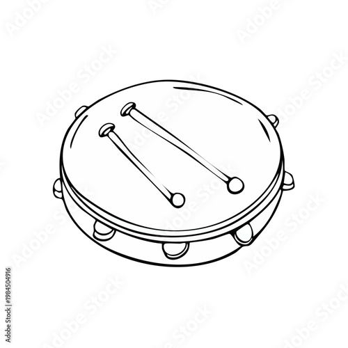 Handheld frame drum with two beaters percussion instrument isolated outline drawing